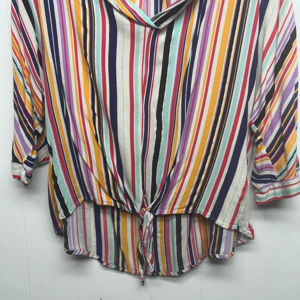 Blue Pepper Multicolor Striped 3/4 Sleeve V-Neck Womens Top Size Small Tie Front - Picture 4 of 11